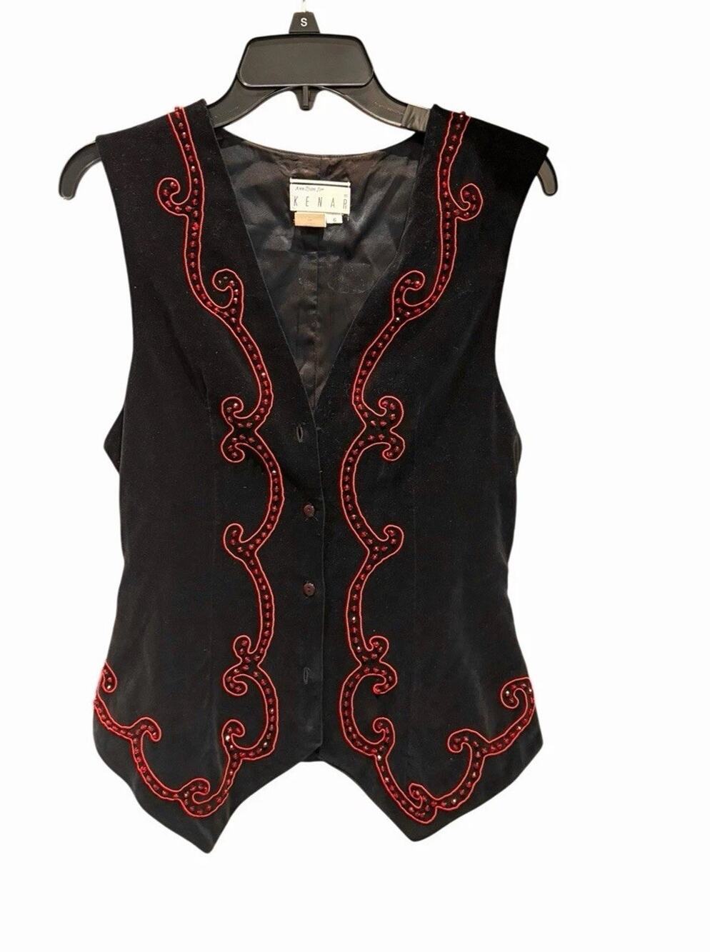 Kenar Black Velvet Vest W/ Red Beaded Embroidery Vintage Womens Size 6 Western